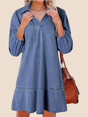 Women's V-Neck Puff Sleeve Denim Layered Dress (Buy 2 Free Shipping)