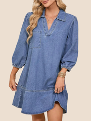 Women's V-Neck Puff Sleeve Denim Layered Dress (Buy 2 Free Shipping)