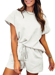 New Women's Solid Textured Drawstring Shorts Set (Buy 2 Free Shipping)