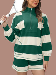 Women's 2 Piece Striped Long Sleeve Quarter Zip Lounge Set (Buy 2 Free Shipping)
