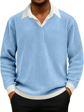 Men's Casual Faux Two-Piece Ribbed Shirt Collar Long Sleeve Sweatshirt