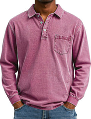 Men's Retro Solid Color Pocket Lapel Long Sleeve Polo Shirt