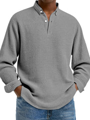 Men's Simple Solid Color Waffle Lapel Long Sleeve Polo Shirt