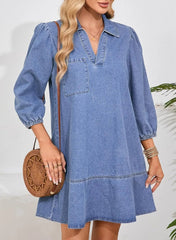 Women's V-Neck Puff Sleeve Denim Layered Dress (Buy 2 Free Shipping)