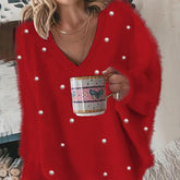 🔥Hot Sale Offers-V-Neck Long Sleeve Beaded Decor Oversized Sweater Fluffy Pullover Top