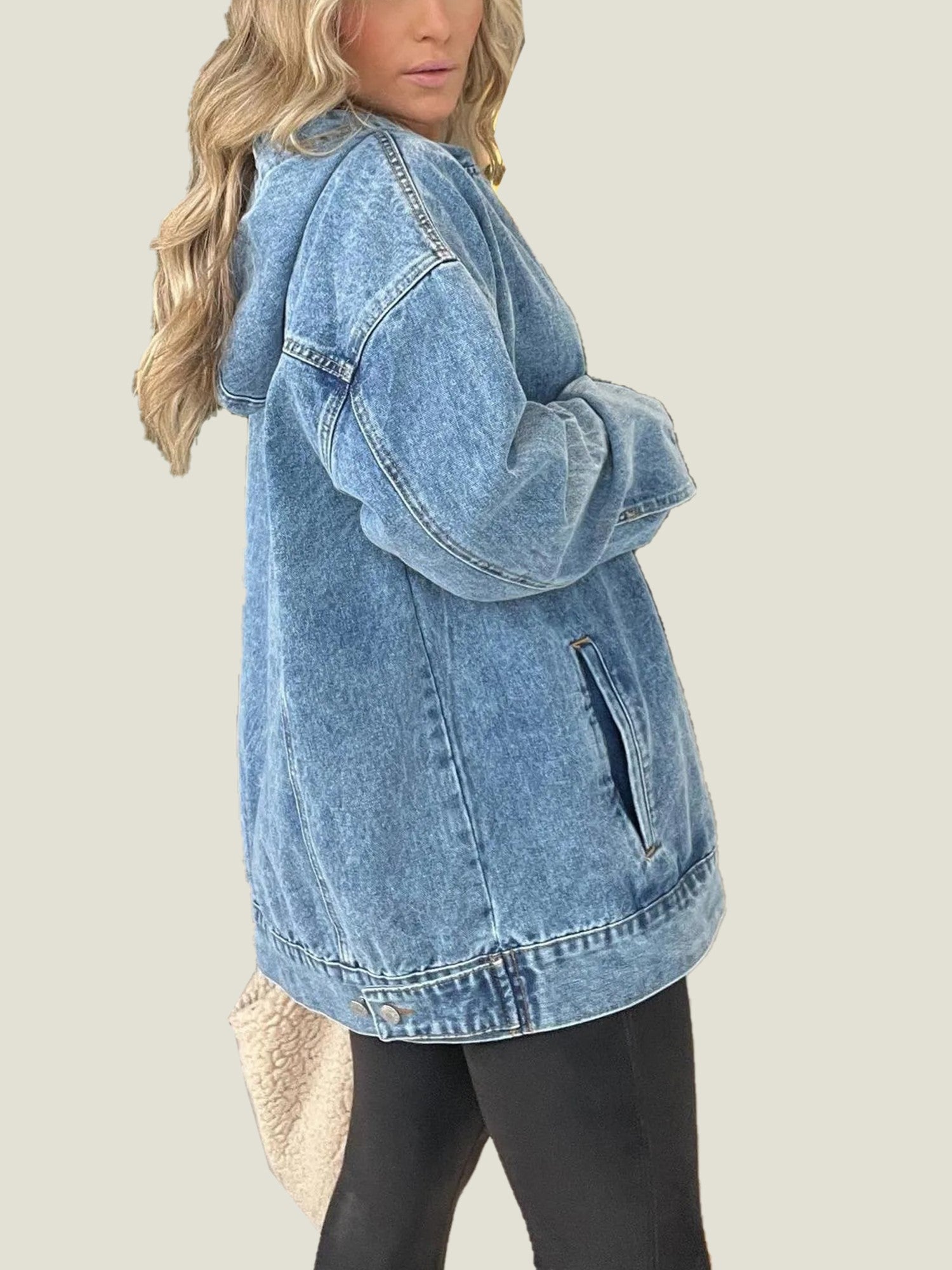 Denim Hooded Sweatshirt with Front Pockets (Buy 2 Free Shipping)