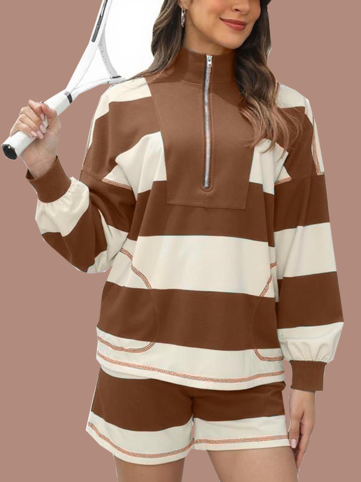 Women's 2 Piece Striped Long Sleeve Quarter Zip Lounge Set (Buy 2 Free Shipping)