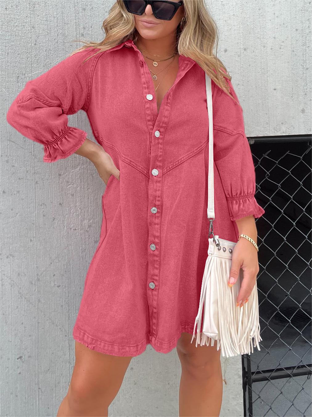 Women's Washed Denim Puff Sleeve Dress (Buy 2 Free Shipping)