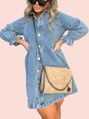 Women's Washed Denim Puff Sleeve Dress (Buy 2 Free Shipping)