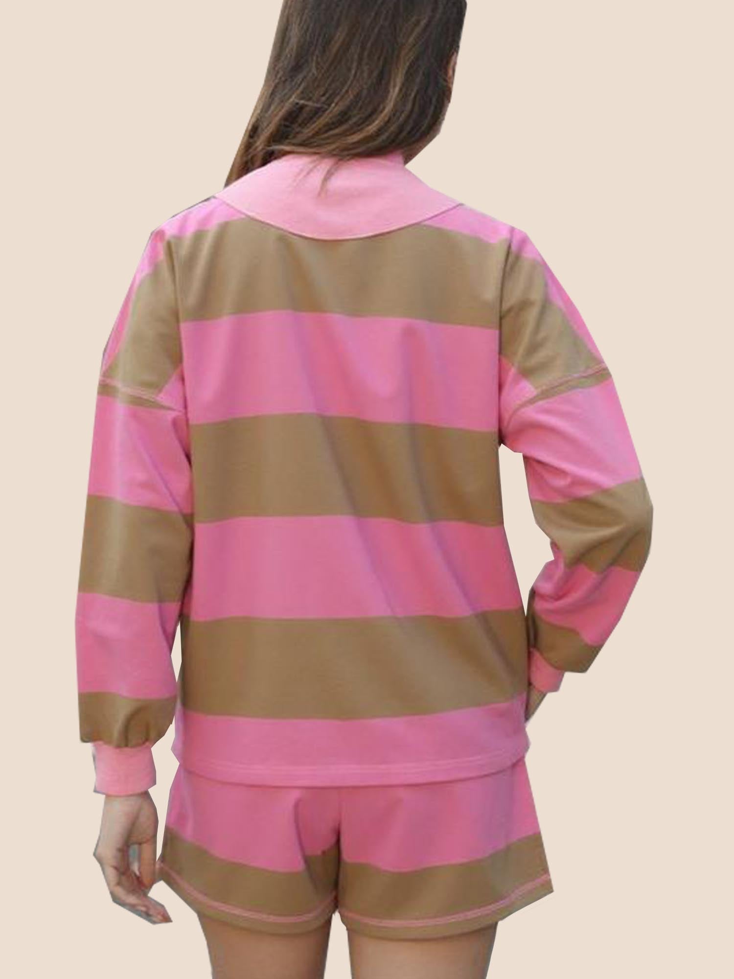 Women's 2 Piece Striped Long Sleeve Quarter Zip Lounge Set (Buy 2 Free Shipping)