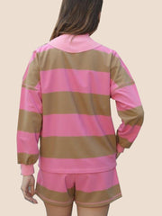 Women's 2 Piece Striped Long Sleeve Quarter Zip Lounge Set (Buy 2 Free Shipping)