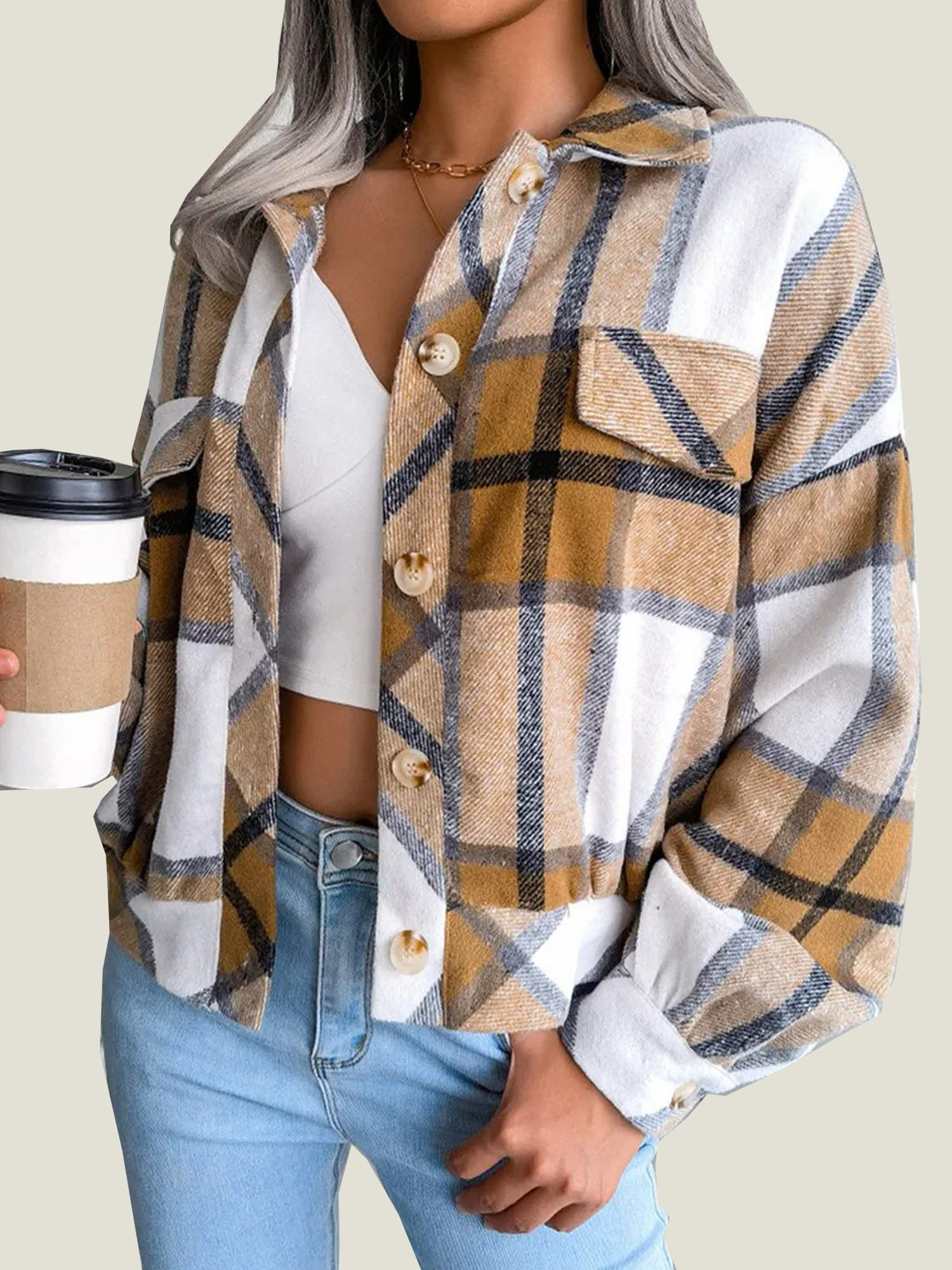 Women's Flannel Plaid Button Down Cropped Jacket (Buy 2 Free Shipping)