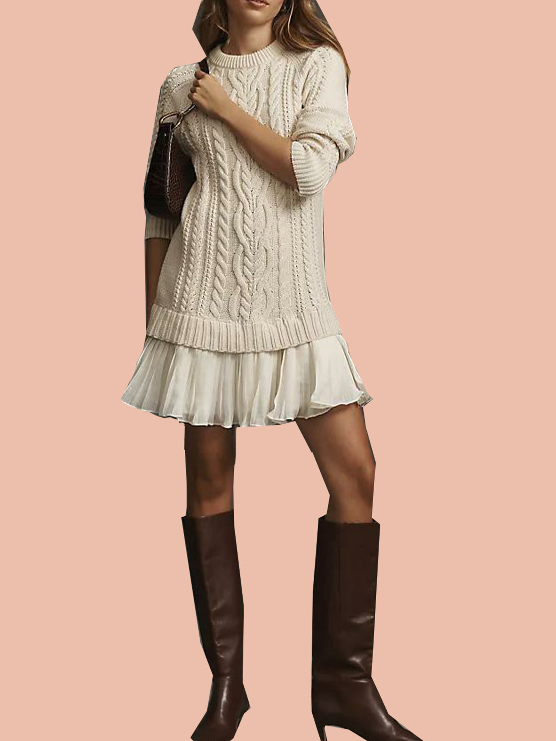 Women's Crewneck Cable Knit Sweater Mini Dress (Buy 2 Free Shipping)