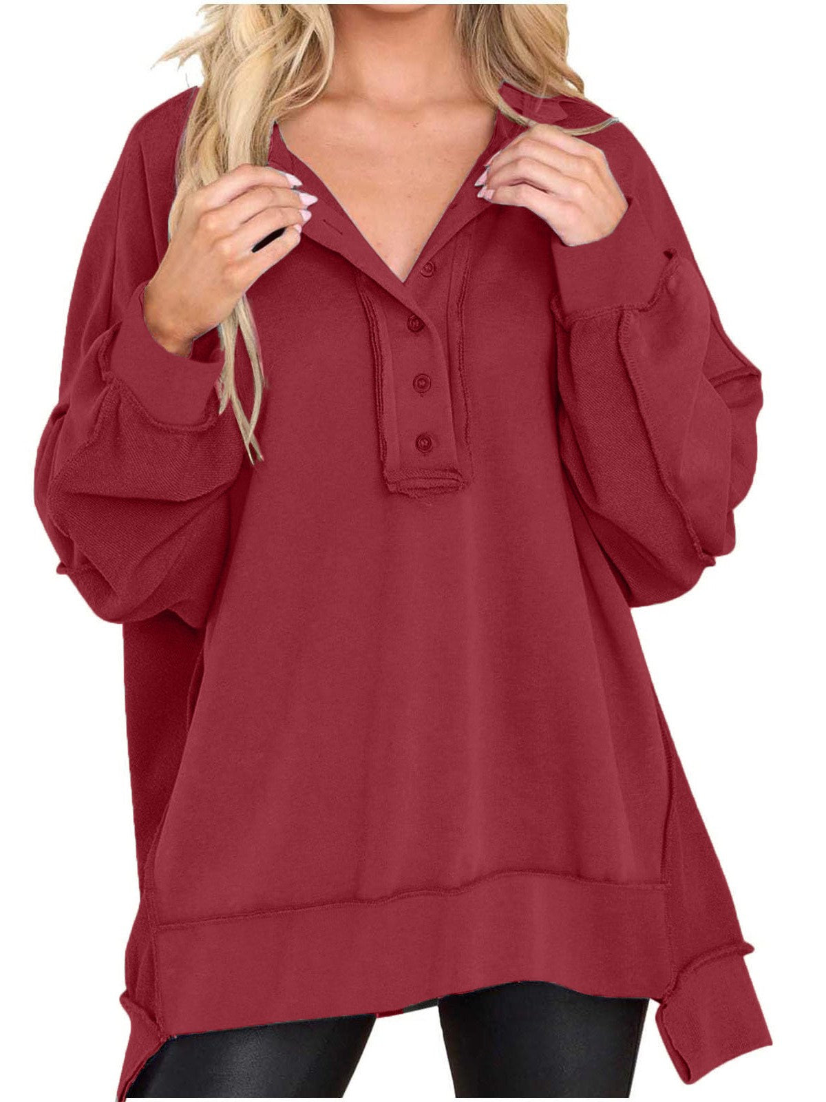Women's Oversized Casual Buttoned Henley Sweatshirt (Buy 2 Free Shipping)