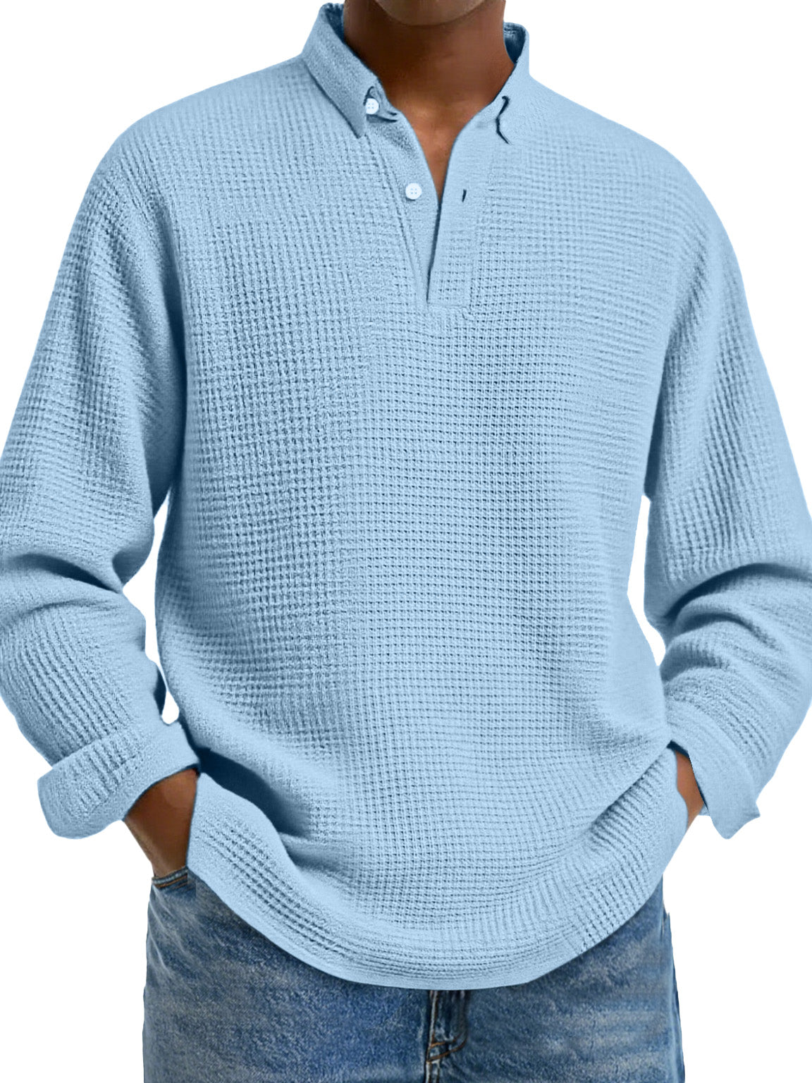 Men's Simple Solid Color Waffle Lapel Long Sleeve Polo Shirt