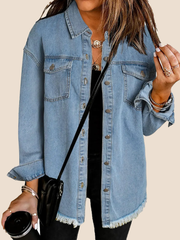 Women's Button Down Raw Edge Denim Jacket (Buy 2 Free Shipping)