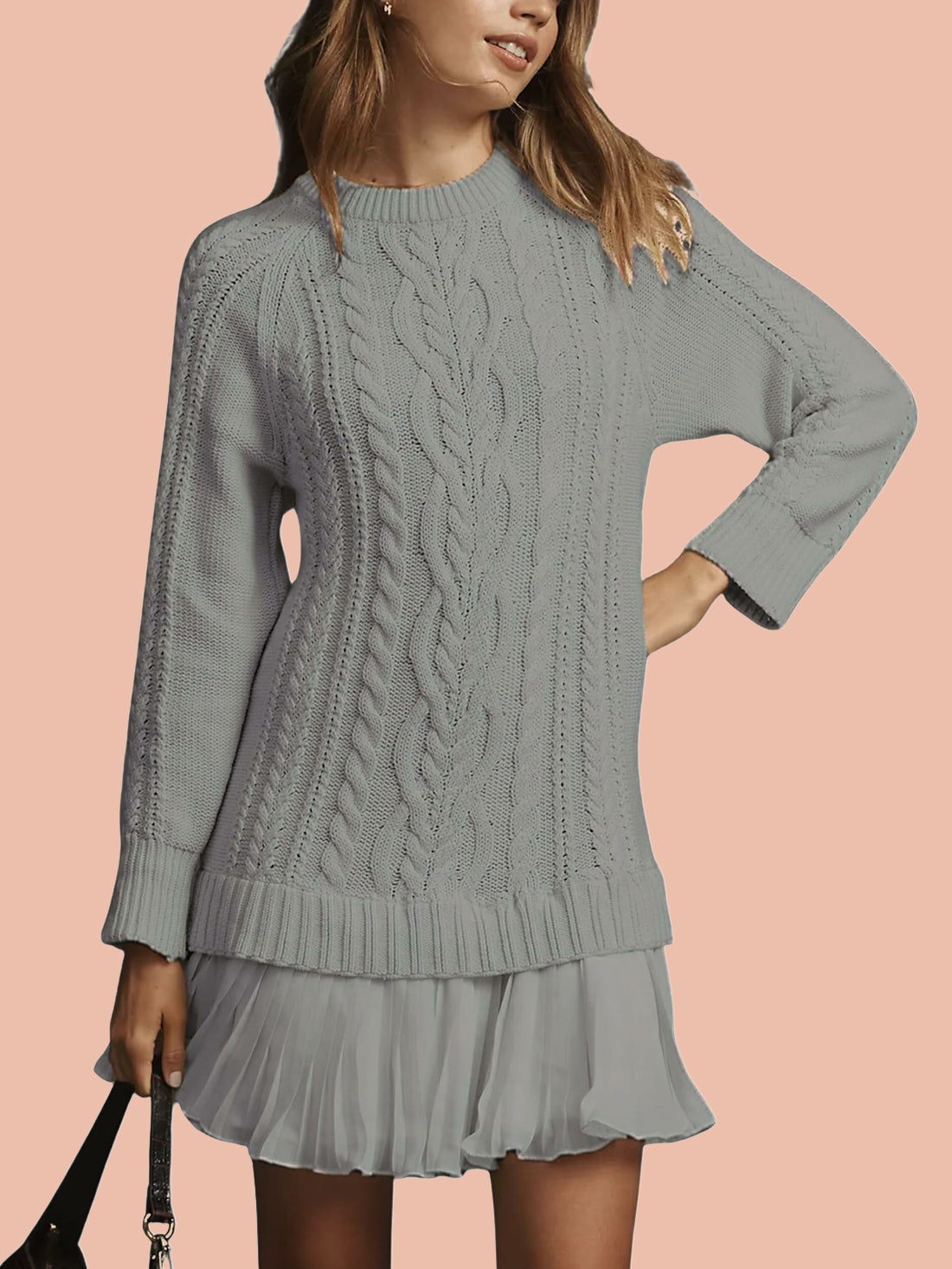 Women's Crewneck Cable Knit Sweater Mini Dress (Buy 2 Free Shipping)