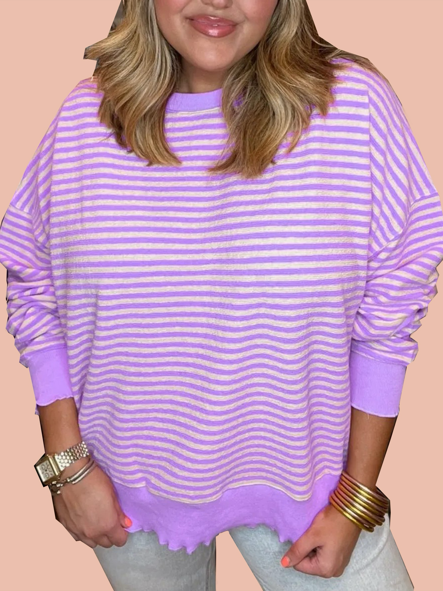 Women's Casual Lettuce Edge Striped Pullover (Buy 2 Free Shipping)