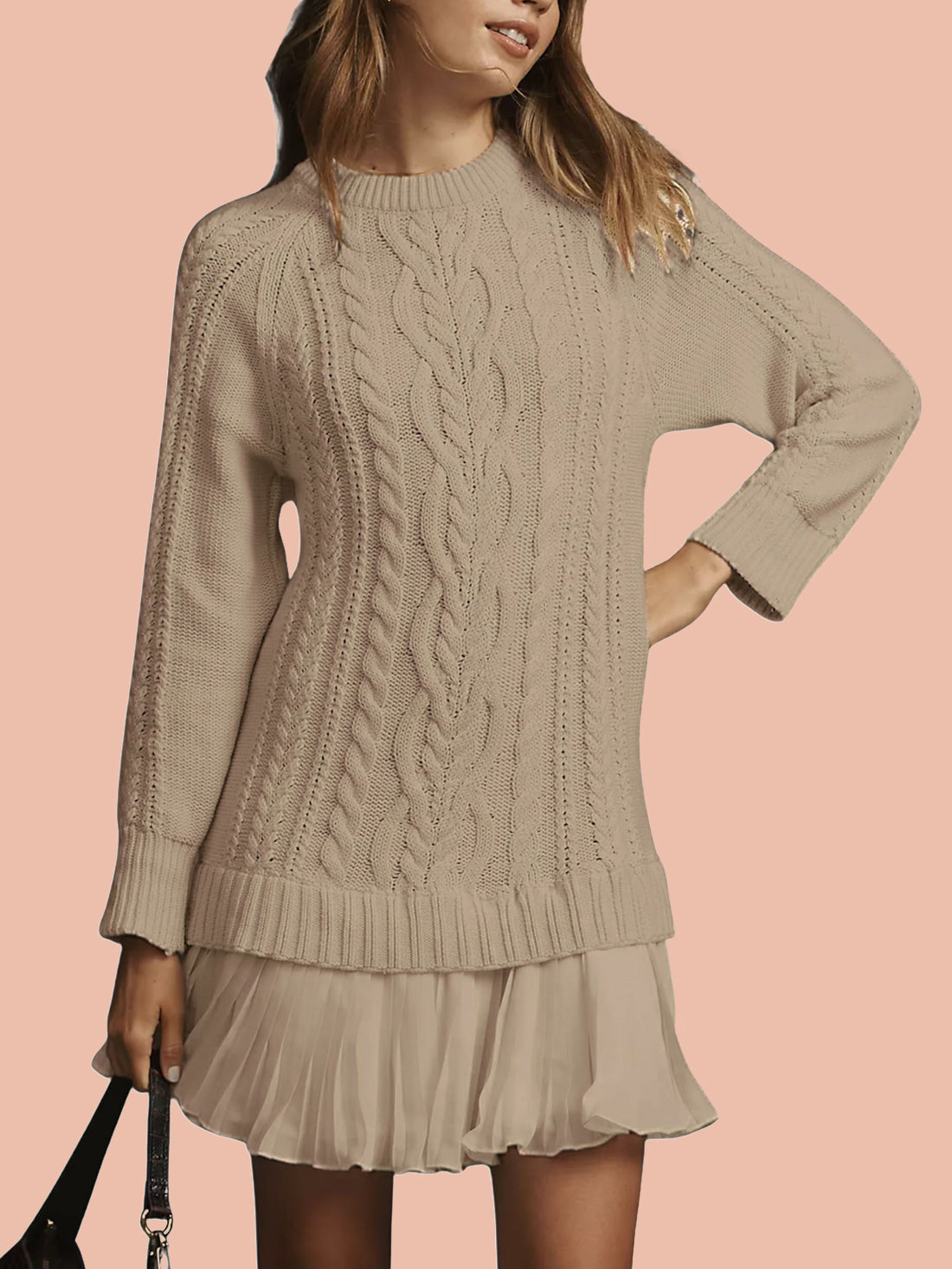 Women's Crewneck Cable Knit Sweater Mini Dress (Buy 2 Free Shipping)
