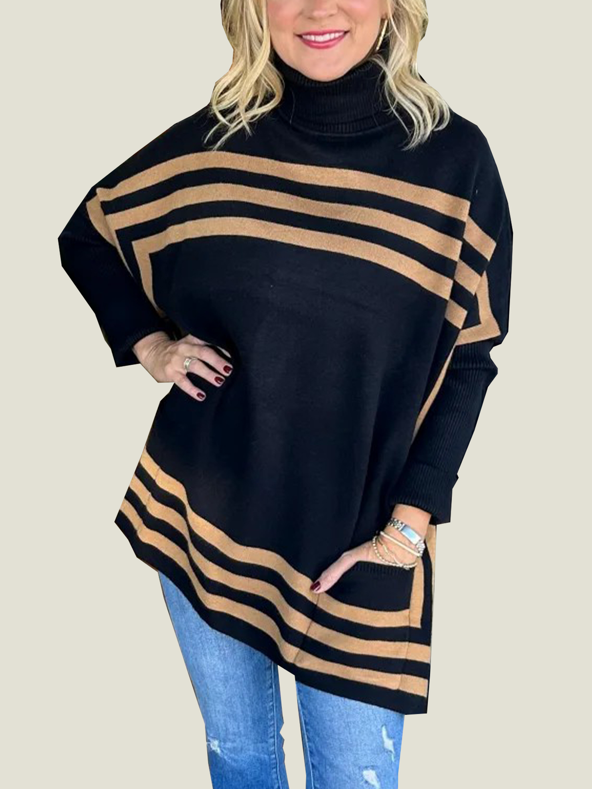 Women's High Neck Bat Sleeve Striped Sweater (Buy 2 Free Shipping)