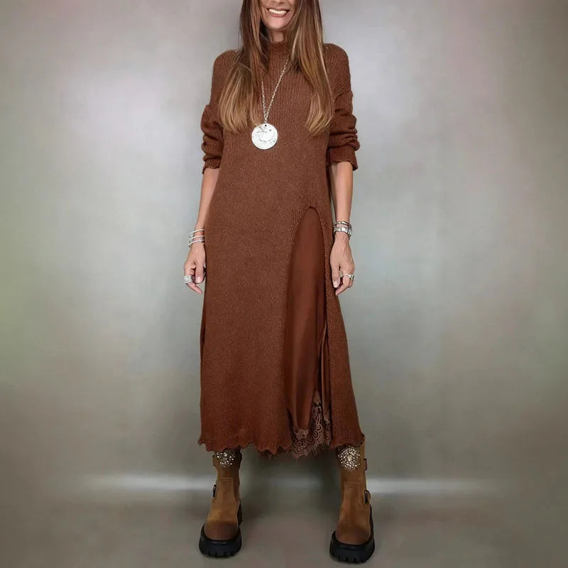 Charming Satin Dress and Long Handcrafted Knit Sweater Set