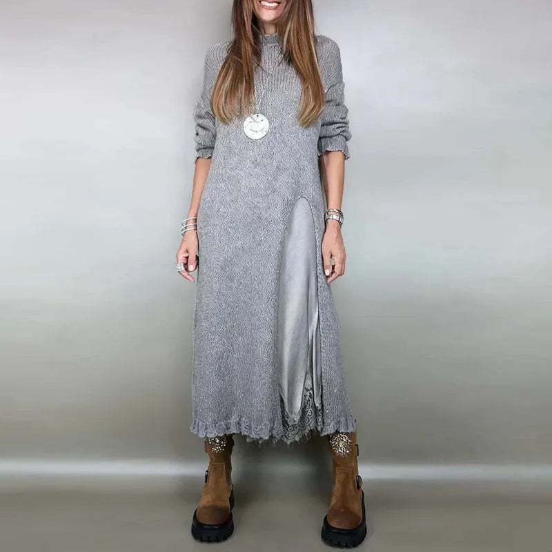 Charming Satin Dress and Long Handcrafted Knit Sweater Set