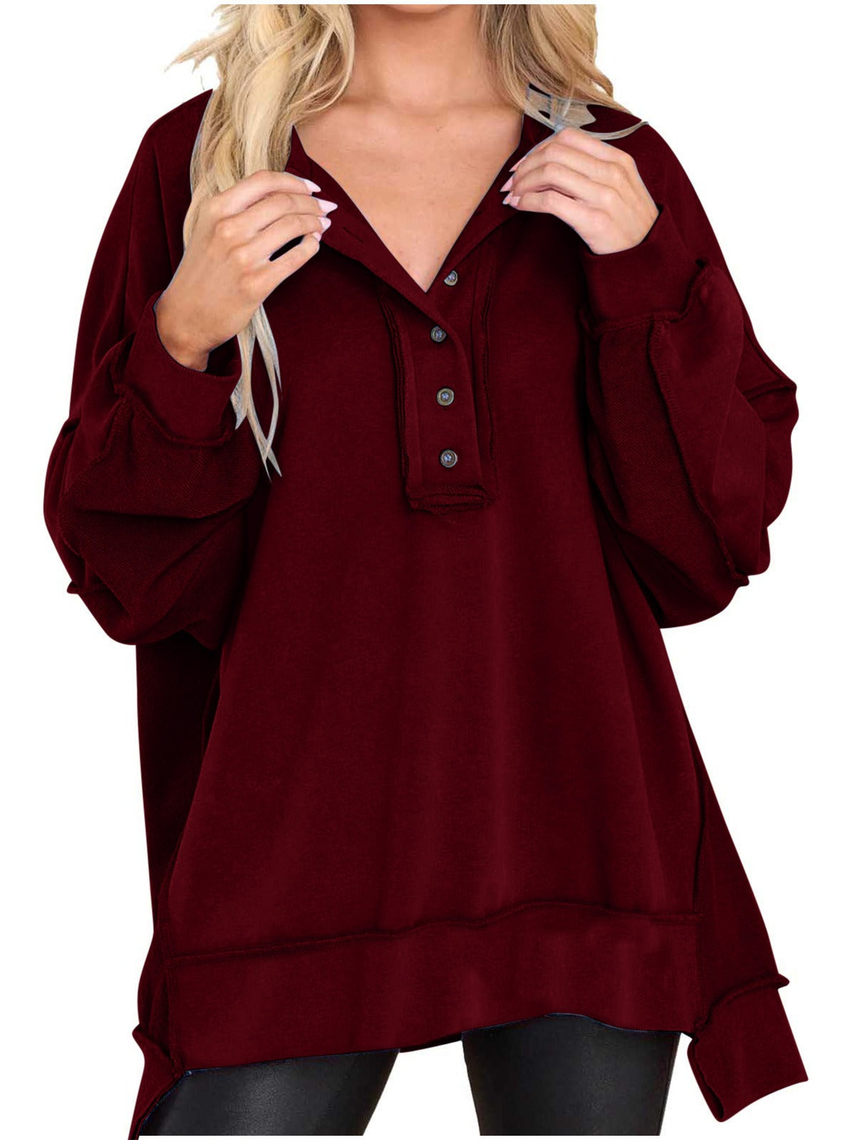 Women's Oversized Casual Buttoned Henley Sweatshirt (Buy 2 Free Shipping)