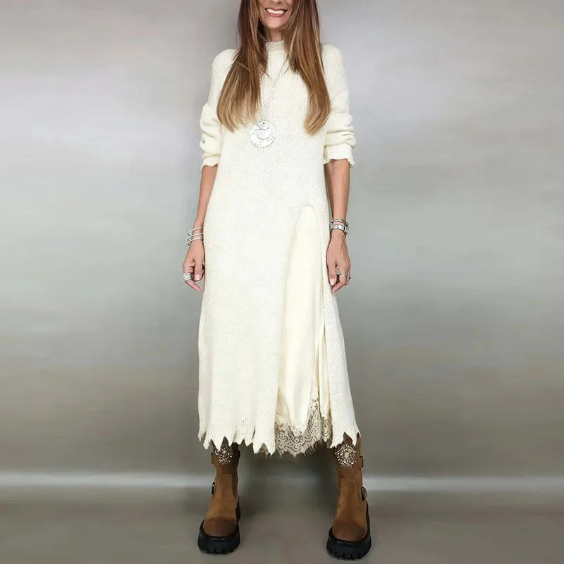 Charming Satin Dress and Long Handcrafted Knit Sweater Set