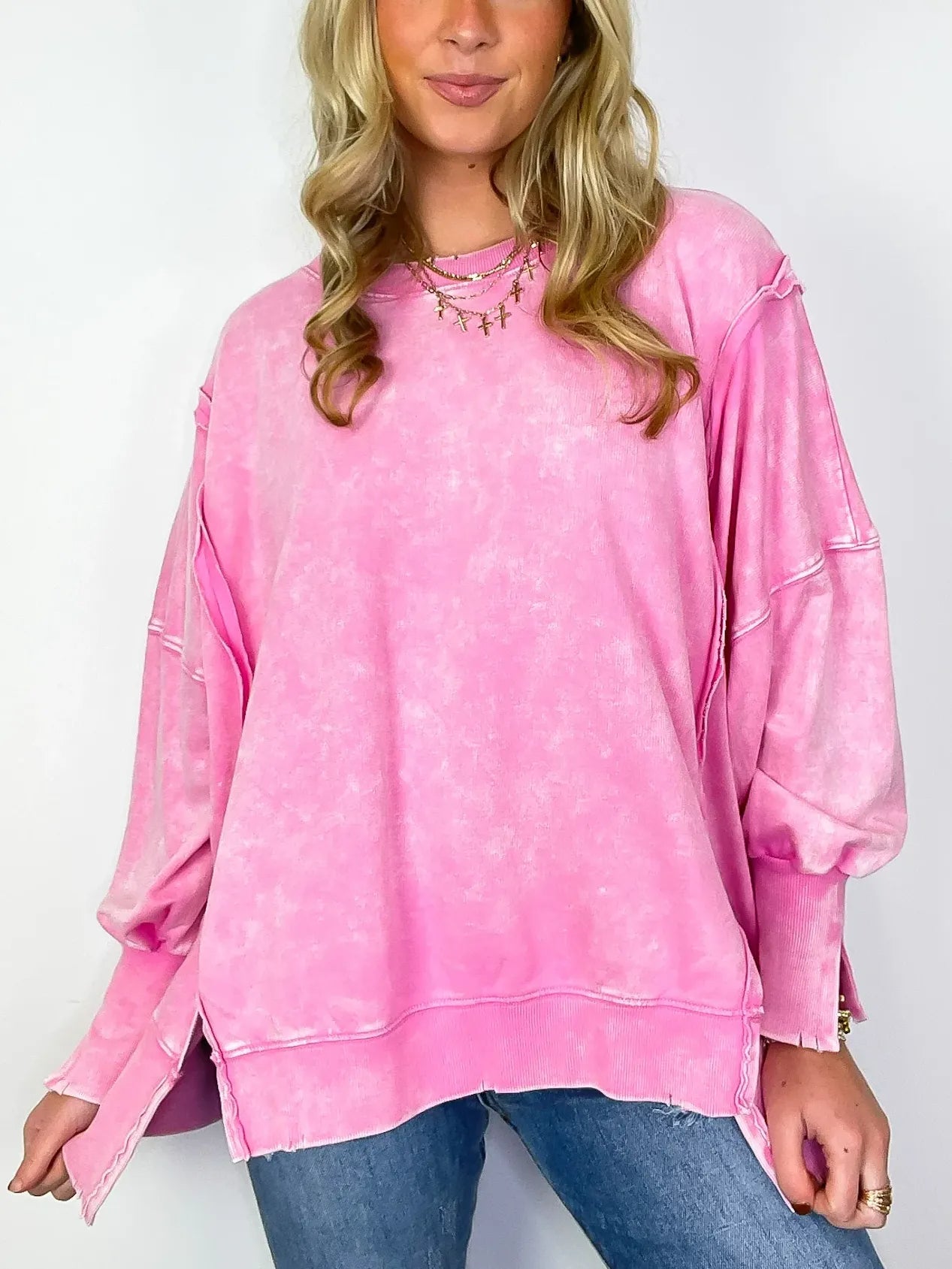 Women's Acid Wash Split Cuff Oversized Crew Pullover (Buy 2 Free Shipping)