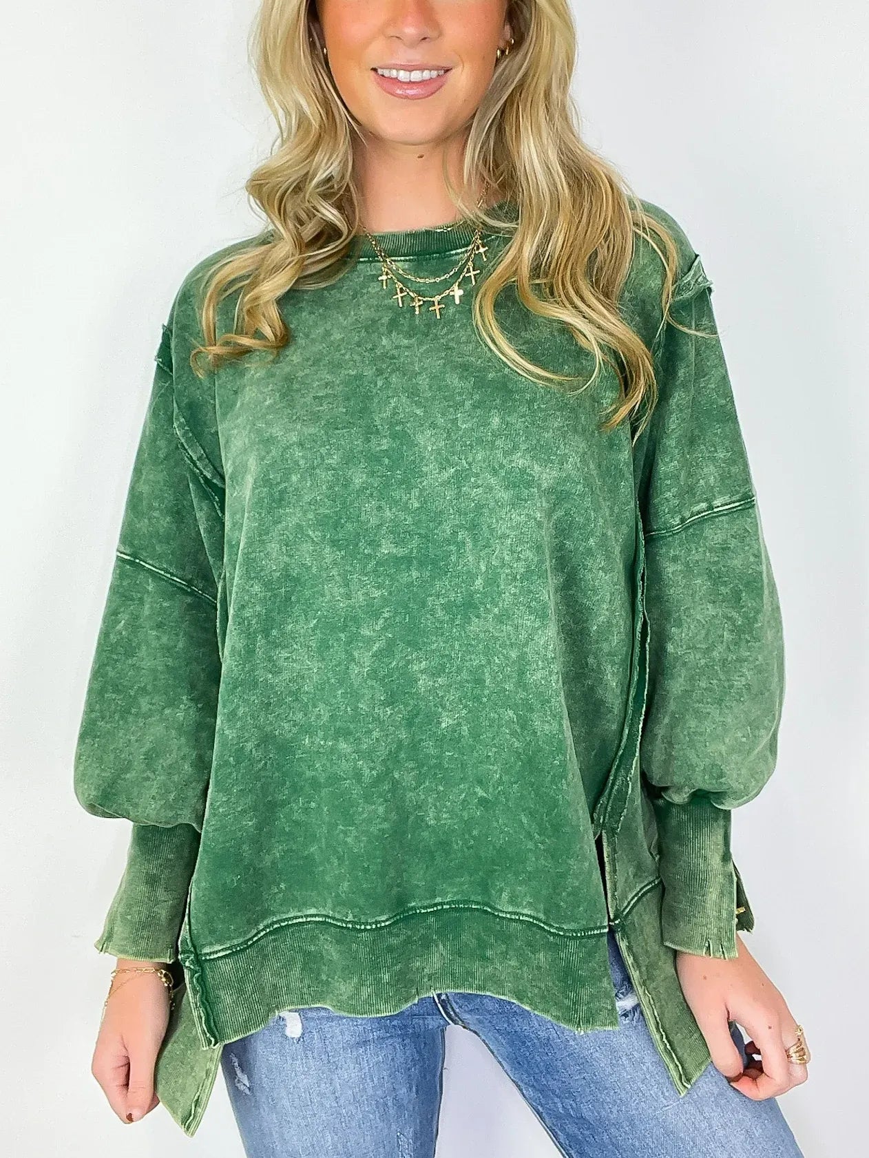 Women's Acid Wash Split Cuff Oversized Crew Pullover (Buy 2 Free Shipping)