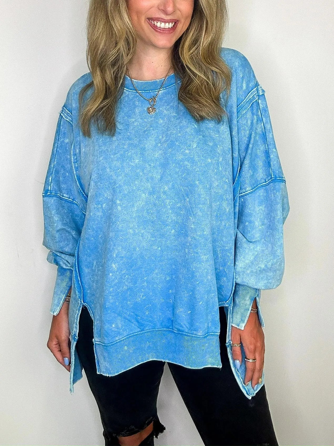 Women's Acid Wash Split Cuff Oversized Crew Pullover (Buy 2 Free Shipping)