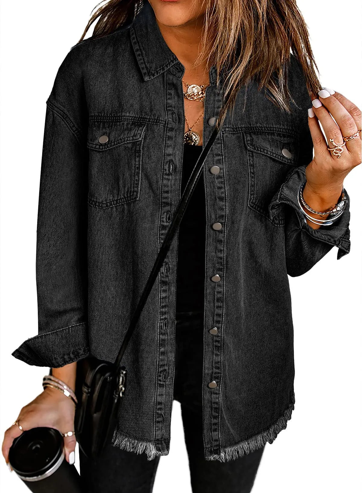 Women's Button Down Raw Edge Denim Jacket (Buy 2 Free Shipping)