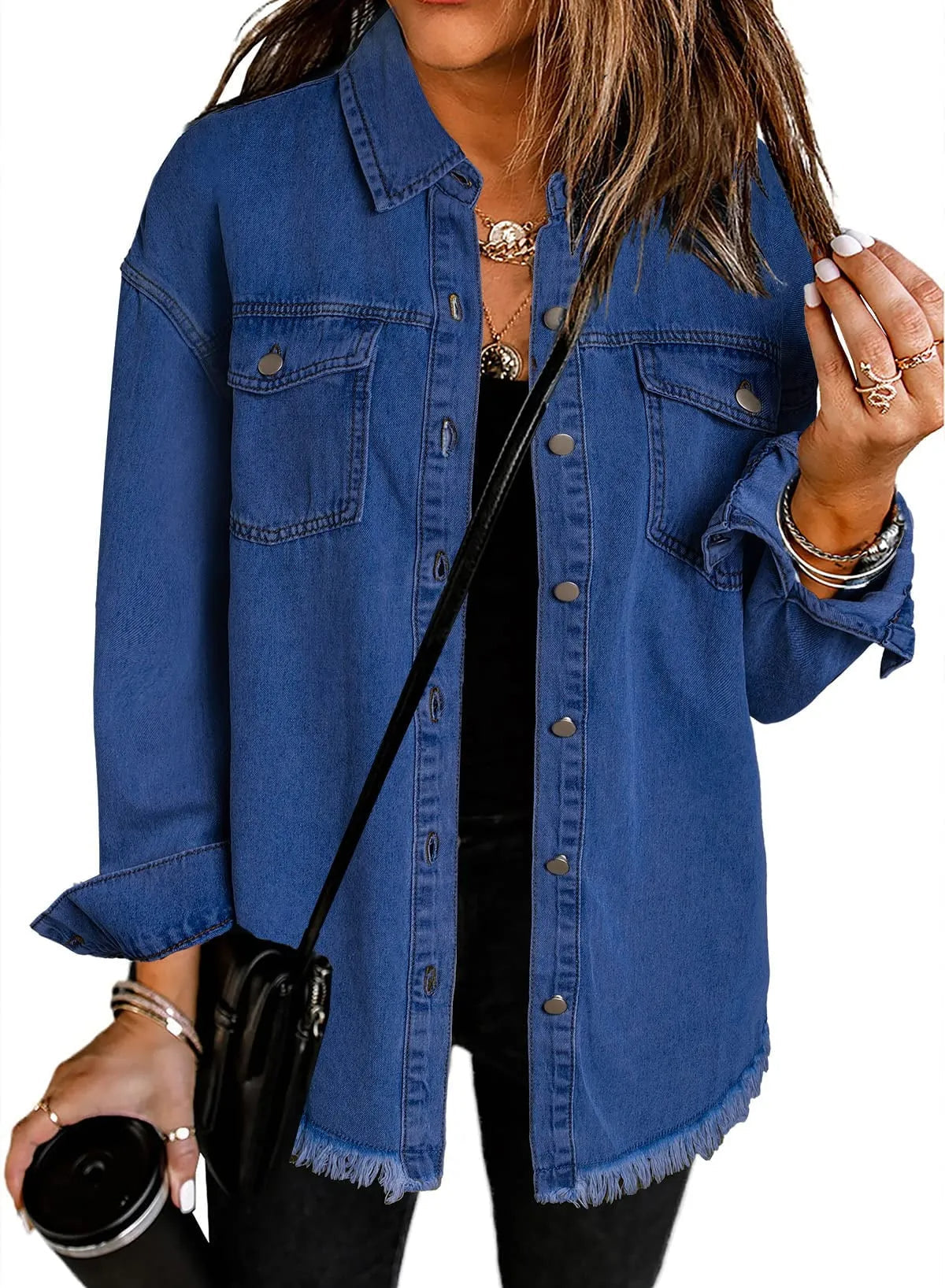 Women's Button Down Raw Edge Denim Jacket (Buy 2 Free Shipping)