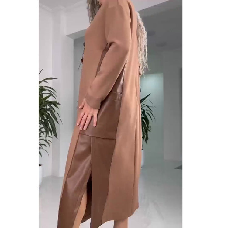 Women's Casual Loose Leather Patchwork Dress with Pockets