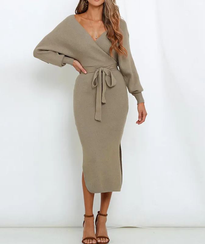 Women's Wrap V Neck Slit Sweater Dresses (Buy 2 Free Shipping)