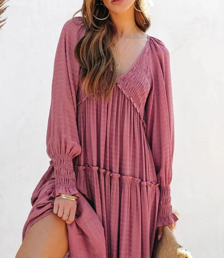 Women's Long Sleeve V Neck Boho Flowy Maxi Dresses (Buy 2 Free Shipping)